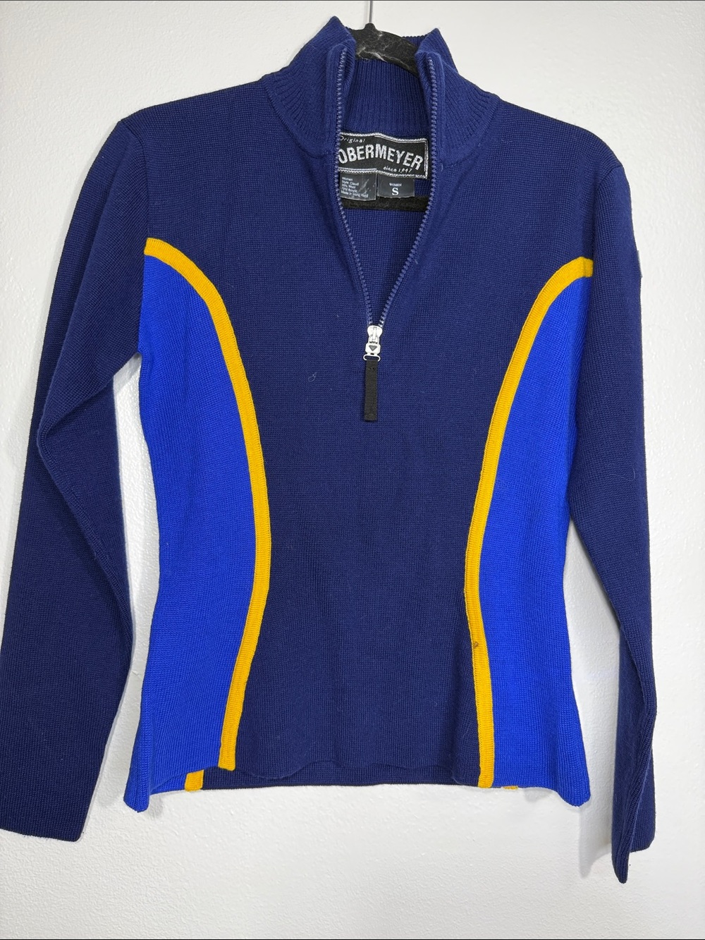 NWOT Obermeyer Vintage Claudl Wool Blend Quarter Zip Blue Sweater Ski Top Small